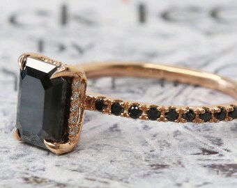 Emerald Cut Black Diamond Engagement Ring, Alternative Engagement Ring, Natural Black Diamond, 14k Rose Gold Ring, Black Engagement Ring