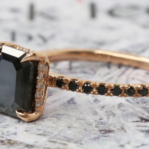 Black Emerald Cut Engagement Ring Black Diamond Gold Ring - Etsy