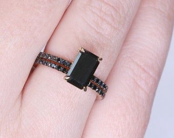 Black Wedding set, Rings Set With Black Diamonds, Plated Gold Ring