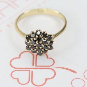 Unique Black Diamond Ring, Yellow Gold Black Diamond Cluster Ring