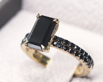 Gothic Engagement Ring, Black Diamond Ring Set, Black Wedding set, Natural Black Diamond Engagement Ring, 14k Yellow Gold Black Diamond Ring