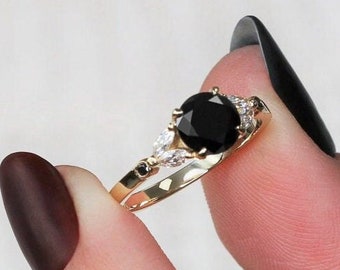 Alternative Engagement Ring, Black And White Diamond Ring, Yellow Gold Ring, Marquise Diamond, Black Diamond Ring