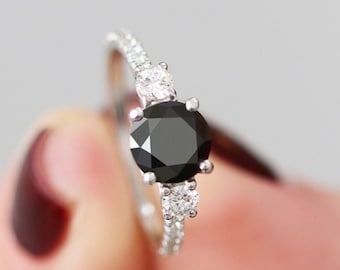 Alternative Engagement Ring, Black Round Diamond Ring, Black Diamond White Gold Ring, Black And White Diamonds Gold Ring