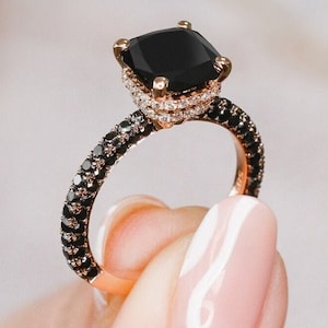 Cushion Diamond Ring, Black Diamond Jewelry, Three Row Diamond Ring, 14k Yellow Gold Black Diamond Ring, Diamond Engagement Ring for Women