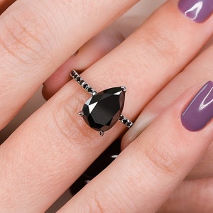 Pear Diamond Ring, Black Diamond Ring, 14k White Gold Black Diamond Ring, Natural Black Diamond Jewelry, Black Engagement Ring, Teardrop