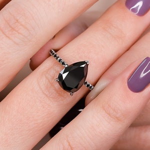 Black diamond Pear shape cut, teardrop, white gold pave engagement ring