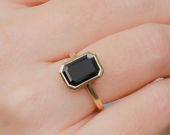 Black Emerald Cut Statement Ring, Natural Black Diamond, Engagement Ring , Yellow Gold ,alternative, Gothic Engagement ring