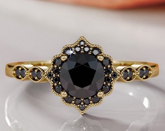 Black Art Deco Ring, Black Diamond Ring, Unique Black Diamond Engagement, Statement Black Diamond Ring, 14K Yellow Gold Ring, DianaBlackIce