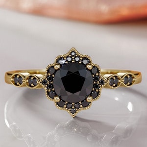 Black Art Deco Ring, Black Diamond Ring, Unique Black Diamond Engagement, Statement Black Diamond Ring, 14K Yellow Gold Ring, DianaBlackIce