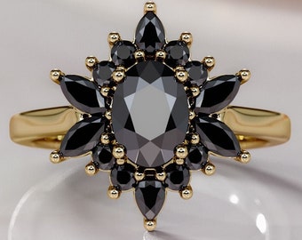 Black Diamond Ring, Cluster Oval Shape Black Diamond ,Black Flower Ring, Yellow Gold, Diamonds Alternative Engagement Ring, Milgrain vintage