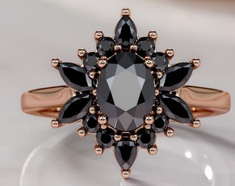 Vintage Black Diamond Ring, Flower Multi Shape Diamond Ring, Black Cluster Milgrain Edge, 14K Rose Gold,Unique Black Jewelry,DianaBlackICe