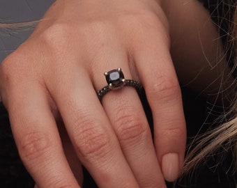Black Engagement Ring, Square Black Natural Diamond, Goth Engagement Ring, 14k White Gold Black Diamond Ring, Cushion Cut Black Diamond Ring