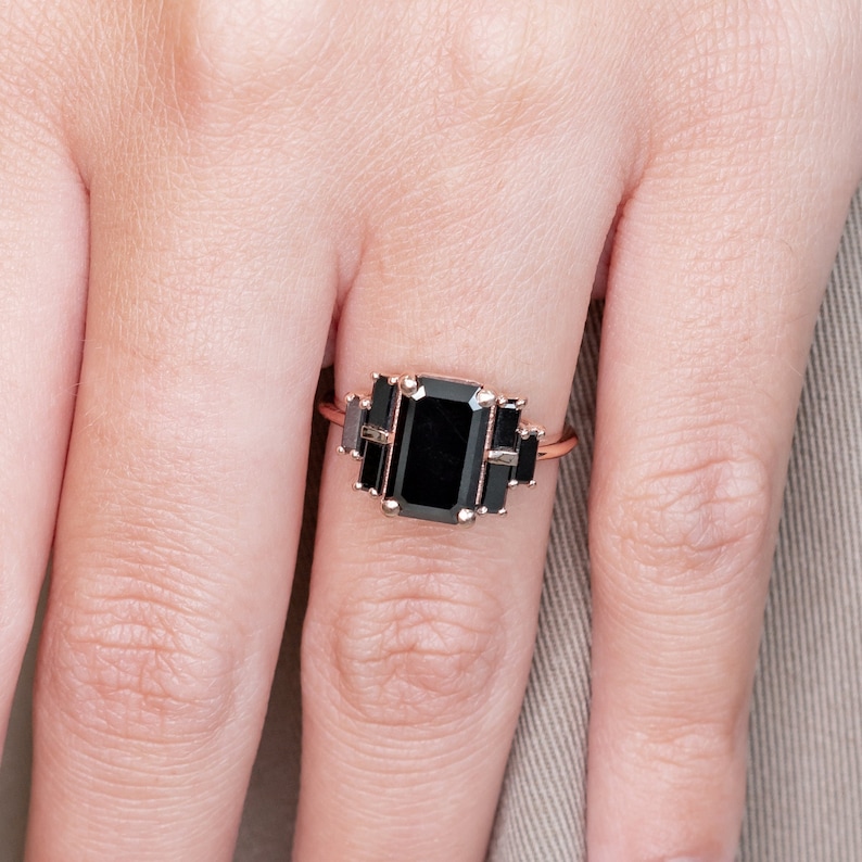 Unique Diamond Ring, Emerald Black Diamond Ring, Natural Diamond Ring, 14k Black Diamond Ring, Black DIamond Jewelry, Art Deco Diamond Ring image 6