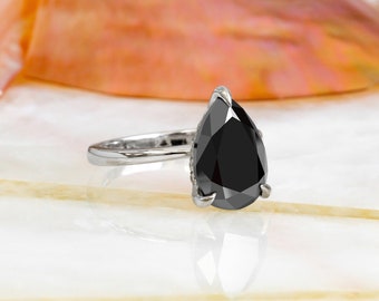 Pear Cut Black Diamond Ring, Hidden Halo Diamond Ring, Black Diamond Claw Prongs Ring, 14k Gold Black Diamond Ring, Black Diamond Jewelry