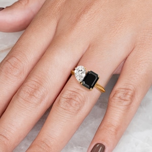 Black & White Diamond Ring, Black Diamond Jewelry, Double Diamond Ring, Toi et Moi Ring, Two Stone 14k Gold Ring, 14k Engagement Ring Black