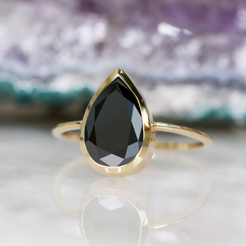 Black Teardrop Ring, Bezel Solitaire Ring, Alternative Engagement Ring, 2 cts Black Diamond Ring, Black Pear Shape Ring image 1