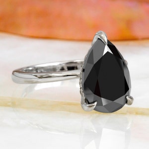 Hidden Halo Diamond Ring, Black Diamond Jewelry, 14k White Gold Diamond Ring, Black Diamond Engagement Ring, Pear Cut Black Diamond Ring