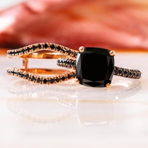 Black Diamond Ring Curved wedding band, Double Band Ring,Black Diamond Split Stackable Matching Enhancer,14K Rose Gold,Black Diamond Jewelry
