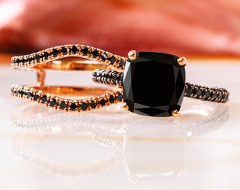 Black Diamond Ring Curved wedding band, Double Band Ring,Black Diamond Split Stackable Matching Enhancer,14K Rose Gold,Black Diamond Jewelry
