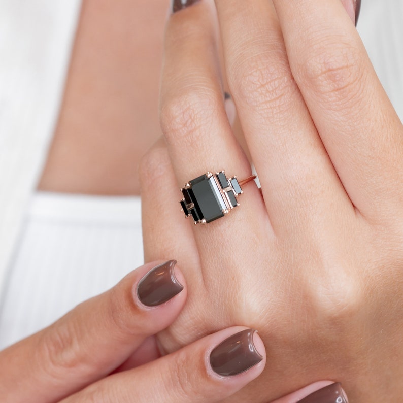 Unique Diamond Ring, Emerald Black Diamond Ring, Natural Diamond Ring, 14k Black Diamond Ring, Black DIamond Jewelry, Art Deco Diamond Ring image 9