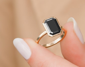 14k Gold Black Diamond Ring, Black Diamond Jewelry, Bezel Black Diamond Ring, 14k Emerald Cut Black Diamond Ring, Statement Diamond Ring
