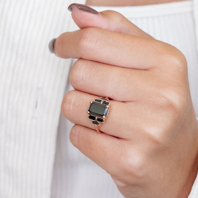 Unique Diamond Ring, Emerald Black Diamond Ring, Natural Diamond Ring, 14k Black Diamond Ring, Black DIamond Jewelry, Art Deco Diamond Ring image 10