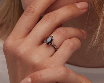 Marquise Cut Diamond Ring, Natural Black Diamond Jewelry,14k Gold Black Diamond Ring, Hidden Halo Ring, Black Engagement Ring, DIanaBlackIce