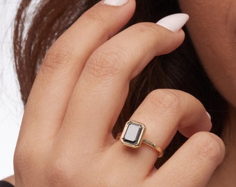 14k Gold Black Diamond Ring, Emerald Cut Black Diamond Ring, Black Diamond Jewelry, Bezel Black Diamond Ring, Black Engagement Ring