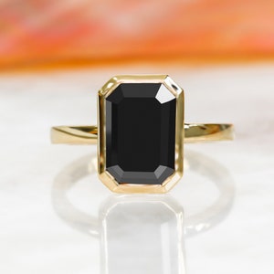 Elongated Engagement Ring,  Black Diamond Statement Ring Ring, Yellow Gold Ring, Emerald Cut Black Diamond, Natural Black Diamond Jewelry
