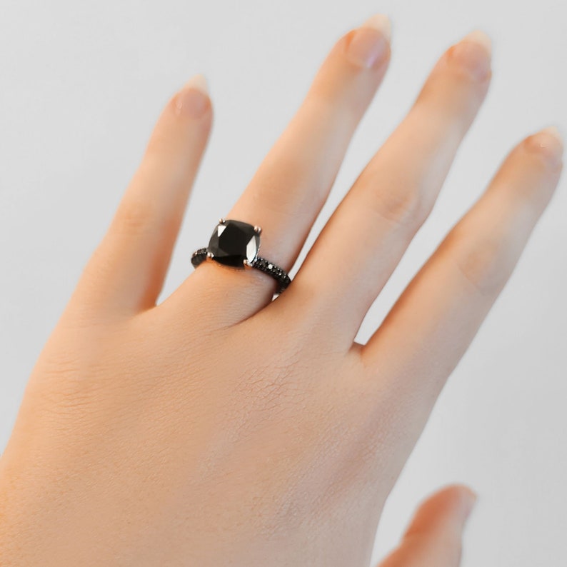 Engagement Diamond Ring, Black Diamond Jewelry, 6ct Diamond Ring, Natural Black Diamond Ring, Cushion Diamond Ring, Double Halo Diamond Ring image 9