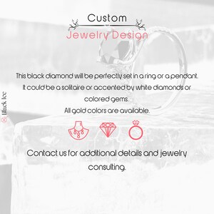 May include: Image of a custom jewelry design, showcasing a black diamond ring. The text says "Custom Jewelry Design" and describes the diamond's setting options: ring or pendant, with white diamonds or coloured gems. All gold colours are available. Contact for details.