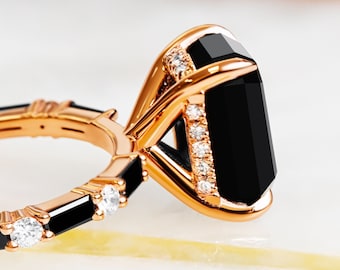 Black Diamond Engagement Ring, 14k Rose Gold Black Diamond Ring, Emerald Cut Black Diamond Ring, Natural Diamond Ring,Gothic Engagement Ring