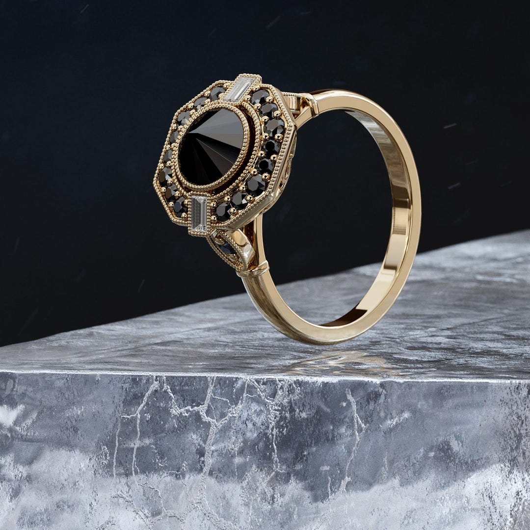 Alternative Engagement Ring, Black Diamond Inverted Ring, Yellow Gold ...