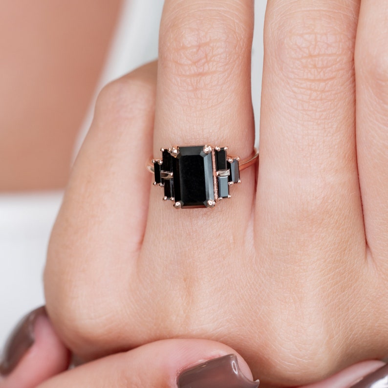 Unique Diamond Ring, Emerald Black Diamond Ring, Natural Diamond Ring, 14k Black Diamond Ring, Black DIamond Jewelry, Art Deco Diamond Ring image 8