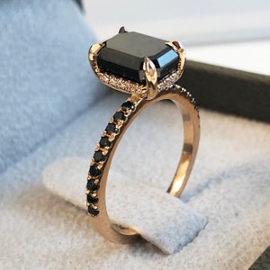 Black Emerald Cut, Black Diamond Engagement Ring, 14k Rose Gold, Gothic Engagement Diamond Ring, Unique Engagement , Black Diamonds Jewelry