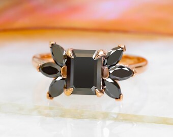 Elongated Engagement Ring,  Black Diamond  Ring, Rose Gold Ring, Emerald Cut Black Diamond, Natural Black Diamond Jewelry