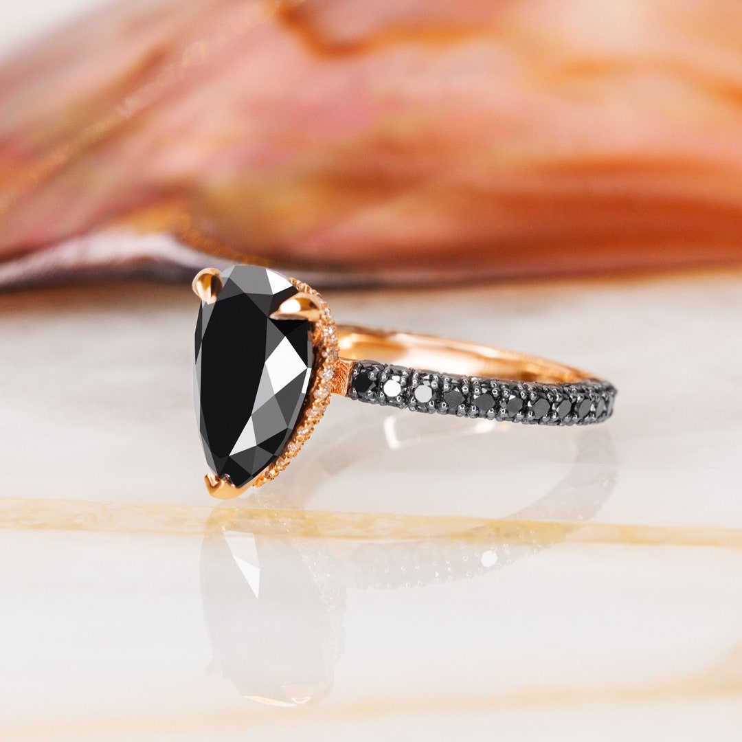 Pear Cut Diamond Ring, Black Diamond Jewelry, Drop Diamond Ring, Unique ...
