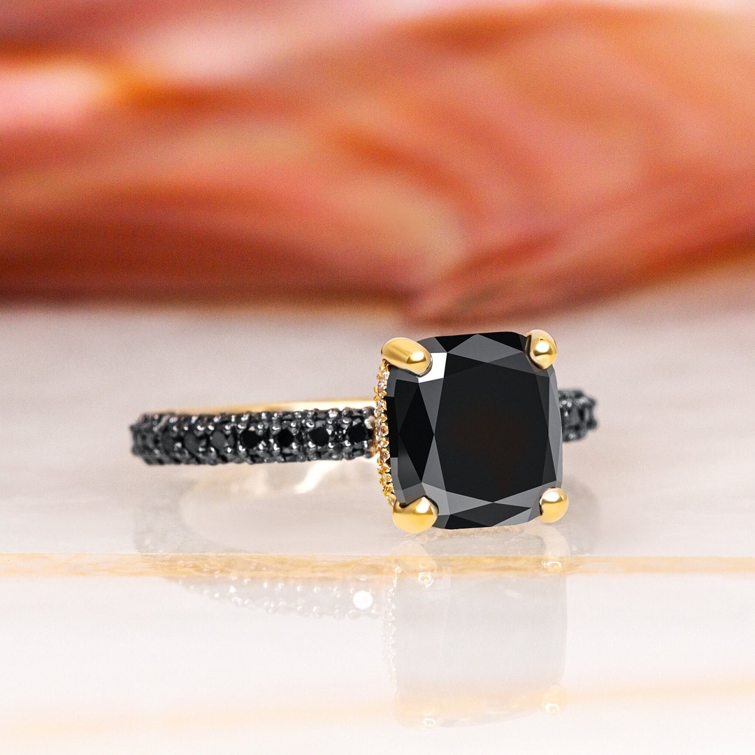 14k Gold Black Diamond Ring, Natural Black Diamond Jewelry, Gold Black ...