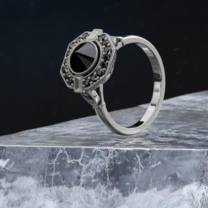 Alternative Engagement Ring, Black Diamond Engagement Ring, Inverted Black Diamond White Gold Ring, Baguette Diamonds, Spike Diamond