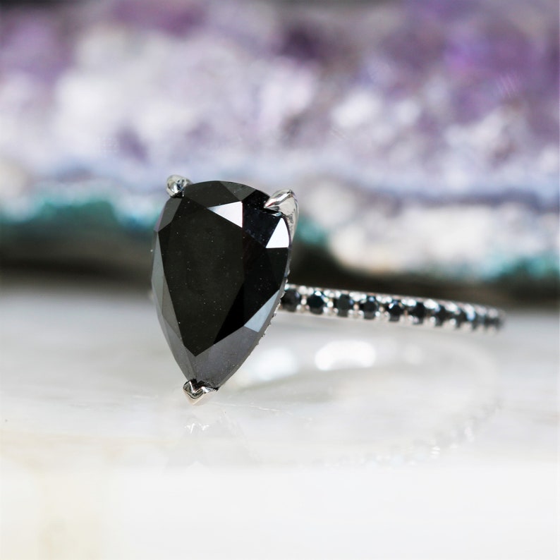14K Black Diamond Ring, Black Diamond Jewelry, Black Teardrop Ring, Black Pear Cut Diamond Ring, Natural Diamond Ring,Solitaire Diamond Ring image 8