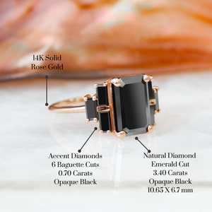 Unique Diamond Ring, Emerald Black Diamond Ring, Natural Diamond Ring, 14k Black Diamond Ring, Black DIamond Jewelry, Art Deco Diamond Ring image 2