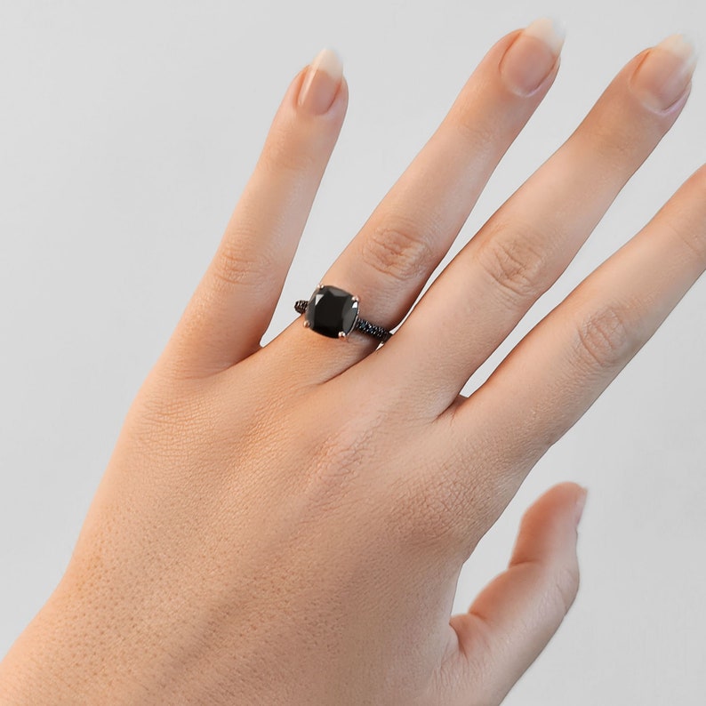 Engagement Diamond Ring, Black Diamond Jewelry, 6ct Diamond Ring, Natural Black Diamond Ring, Cushion Diamond Ring, Double Halo Diamond Ring image 4