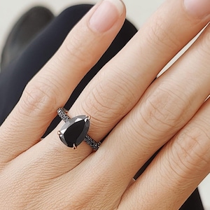 Pear Cut Diamond Ring, Black Diamond Jewelry, Handmade Diamond Ring, Black Diamond Ring Women, 14k Gold Black Diamond Ring,14k Diamond Ring