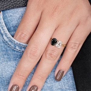 Toi et Moi Ring, Black Diamond Jewelry, Two Stone 14k Gold Ring,Black & White Diamond Ring, Emerald Cut Lab Diamond, 2 Stone Engagement Ring