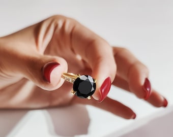 Natural Black Diamond Ring,  Black Diamond Ring, 14k Yellow Gold Black Diamond Ring, Solitaire Blak Diamond Ring, Natural Round Diamond Ring