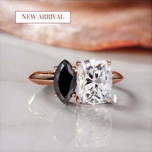 Toi et Moi Ring, Black Diamond Jewelry, Black & White Diamond Ring, 2 Stone Engagement Ring, Two Stone 14k Gold Ring, Engagement Ring Black
