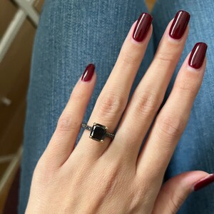 Black Diamond Ring, Natural Black Diamond Jewelry, 14k Gold Diamond Ring, Square Black Diamond Ring, Cushion Cut Diamond Engagement Ring