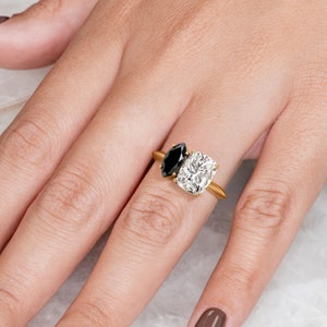 Black & White Diamond Ring, Black Diamond Jewelry, Black Engagement Ring, Toi et Moi Ring, 2 Stone Engagement Ring, Two Stone 14k Gold Ring