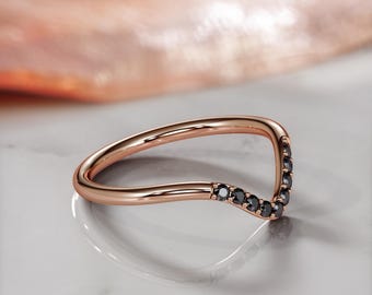 Black Diamond Ring, V Shaped Diamond Ring, Natural Black Diamond Jewelry, V Wedding Band, Stackable Wedding Ring, 14k Dainty Wedding Band