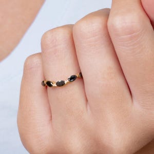 Black Marquise Diamond Band, Black Diamond Ring, Stackable Wedding Band, Natural Black Diamond Ring Set, 14K Rose Gold Diamond Wedding Band